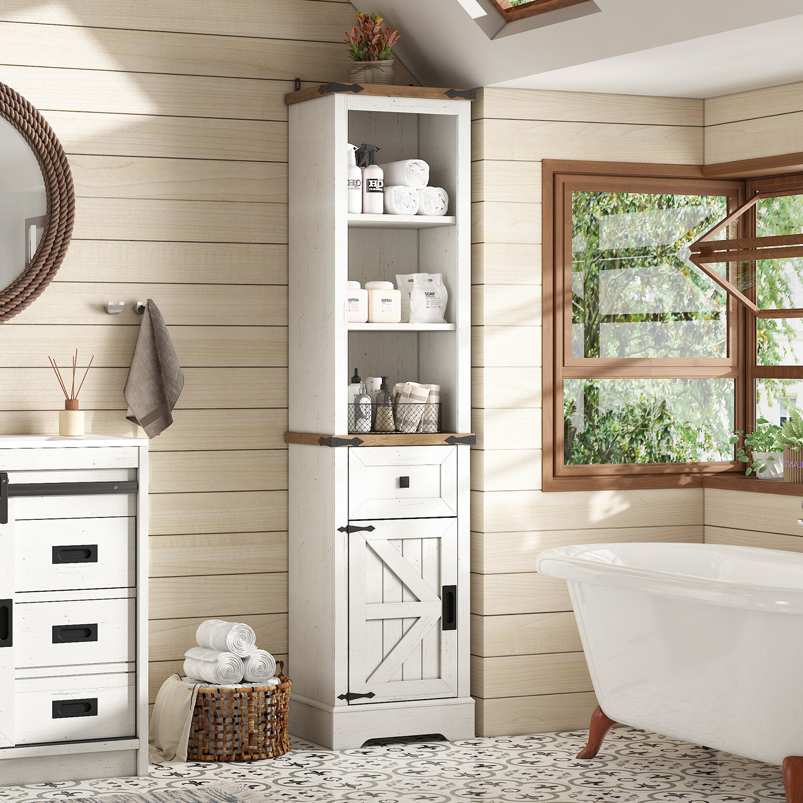Gracie Oaks Tall Bathroom Storage 68" H Farmhouse Slim Storage